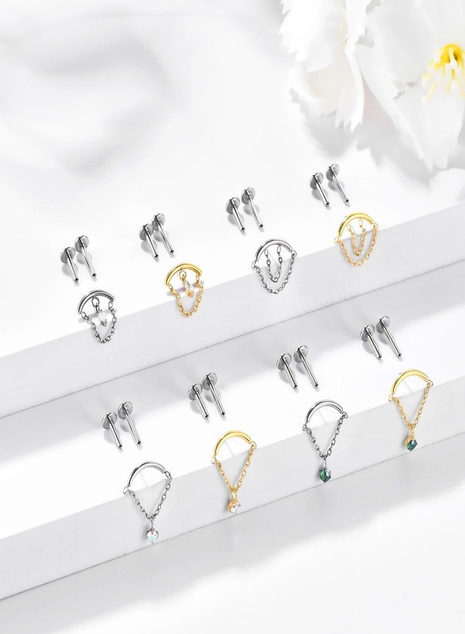 ENONTY Labret Studs Threadless Push-in Labret Press Fit 16G Cluster Helix Lobe Conch Tragus Push Back Piercing Jewelry G23 Titanium (gold chain-Green) - Image 3